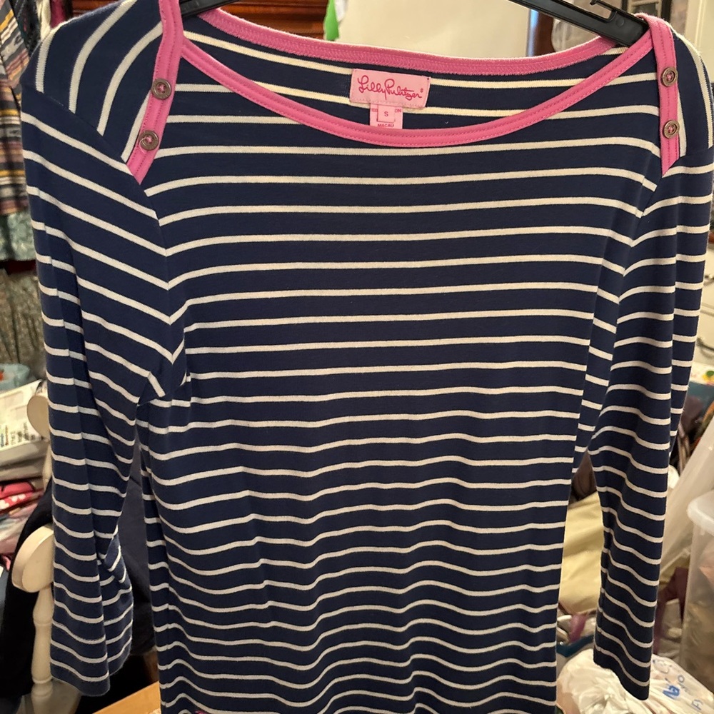 Lilly Pulitzer Navy & White Striped Top with Pink Trim Accents